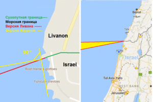 Карта з трактуванням ізраїльського і ліванського варіанту морського кордону